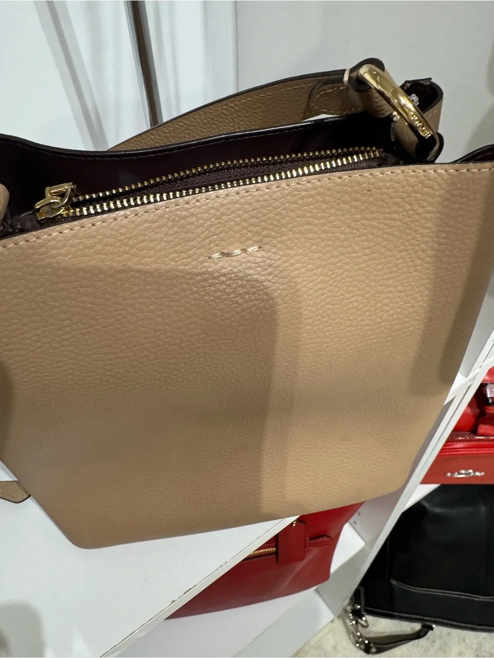 Coach Beige Pebbled Leather Bucket Bag with Matching Wallet